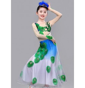 Children Girls blue color Dai dance dresses peacock ethnic style dance uniforms girls catwalk dance performance outfits for kids